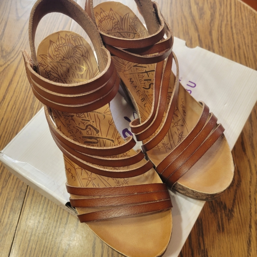 Blowfish strappy wedge sandal size 8 style Helm, color Scotch Dyecut